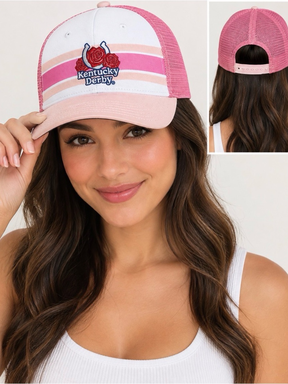 Kentucky Derby Trucker Hat Pink White Striped Rose Horseshoe NWT